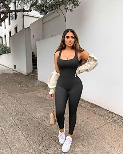  Women Workout Seamless Jumpsuit Yoga Ribbed Bodycon One  Piece Square Neck Leggings Romper