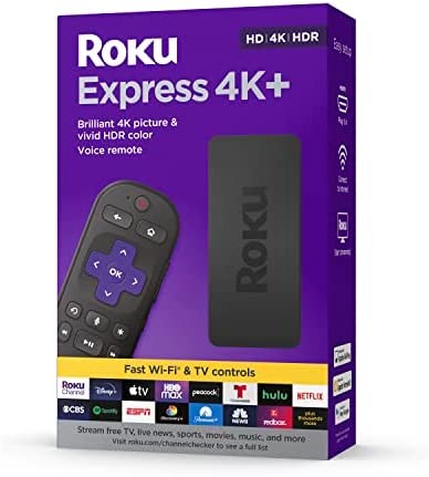Roku Express 4K+ 2021 | Streaming Media Player HD/4K/HDR with Smooth Wireless Streaming and Roku Voice Remote with TV Controls, includes Premium HDMI Cable